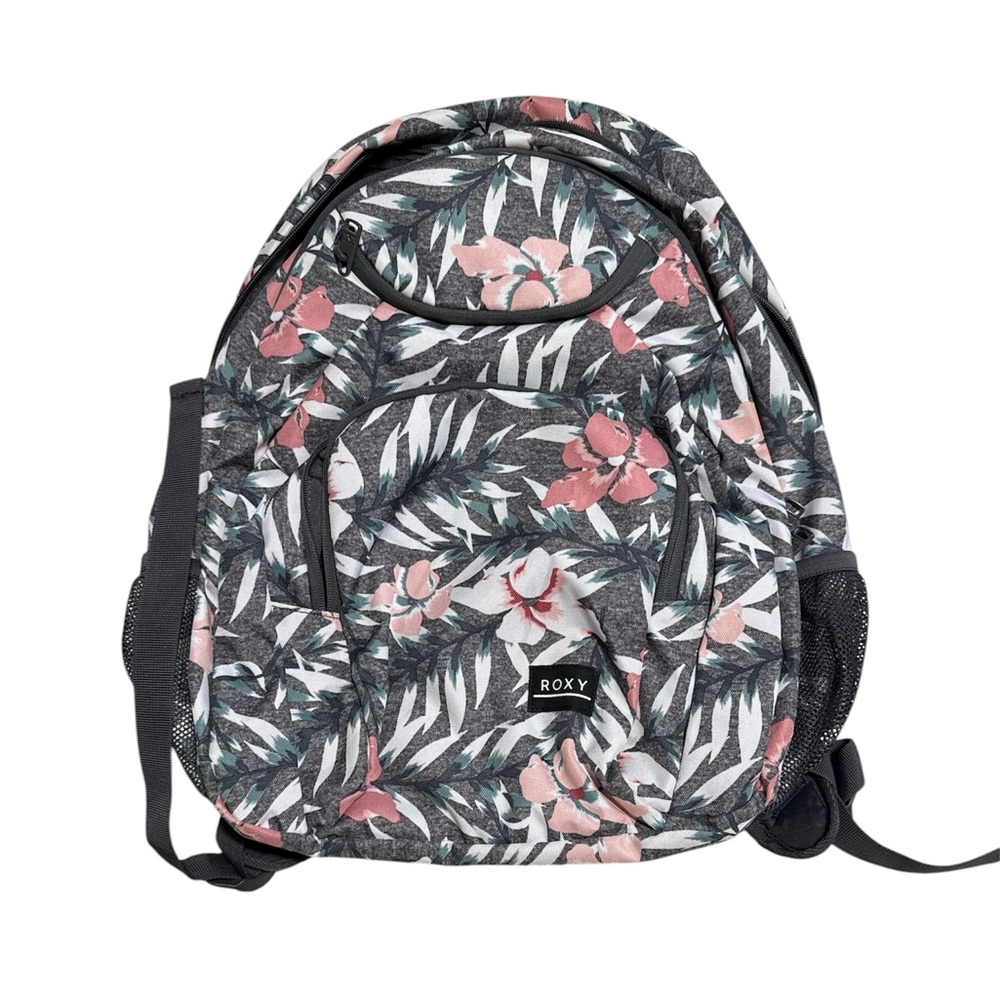 Roxy Tropical Leaf Backpack - Pink and Green on Gray
